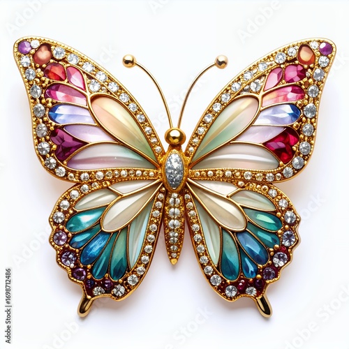 Exquisite jeweled butterfly with iridescent wings casting soft shadows on white background