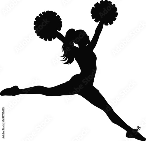 cheerleader performing jump with pom poms silhouette on transparent background
