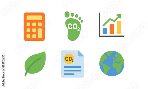 Carbon accounting icons set for sustainable business and environmental conservation design