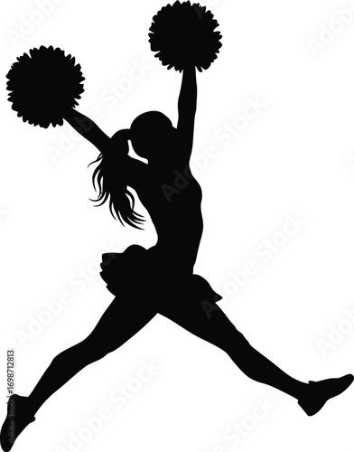 cheerleader performing jump with pom poms silhouette on transparent background