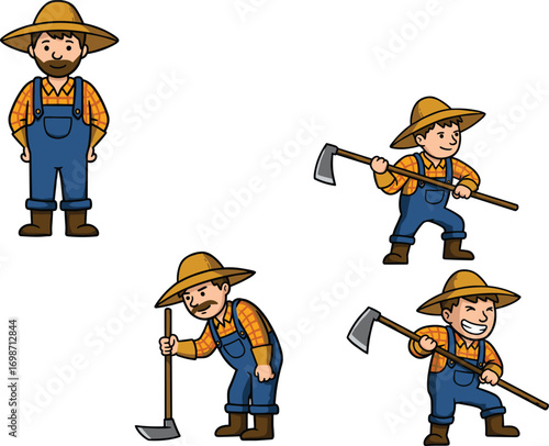 Cartoon vector illustration of farmer characters in hat and overalls working with hoe tool in agriculture and farming activities design.