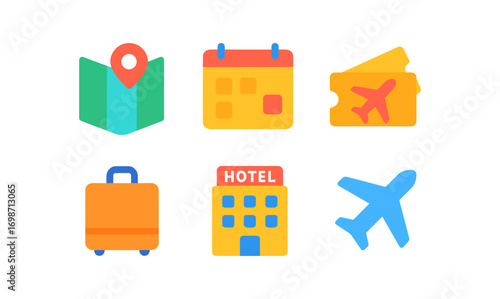 Comprehensive travel planning icons: map, calendar, tickets, luggage, hotel, airplane for design and card use