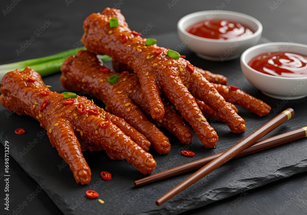 Chicken Feet Glazed in Spicy Sauce on Black Slate Plate with Chopsticks Chicken Feet Glazed in Spicy Sauce on Black Slate Plate with Chopsticks