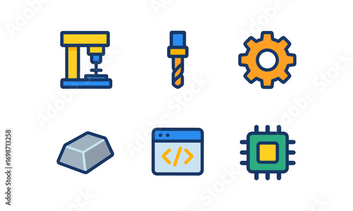 Cnc machining icons collection for industrial and technological design projects