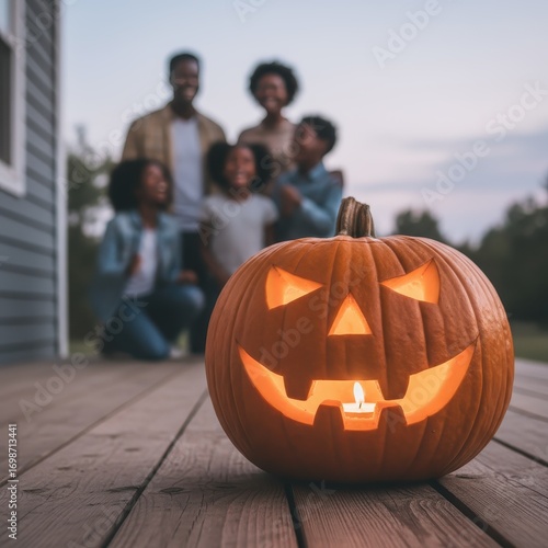 A macro shot of pumpkin carving details on a porch, a blurred family smiling in the background