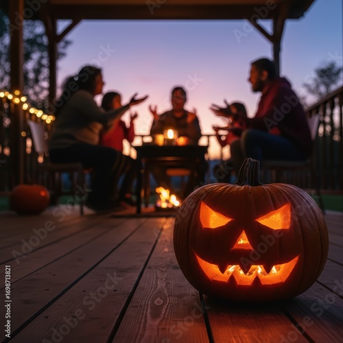 A macro shot of pumpkin carving details on a porch, a blurred family smiling in the background