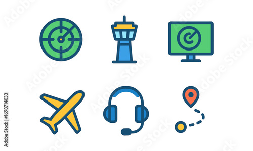 Air traffic control icon set – aviation radar, tower, headset, path, and plane elements for design
