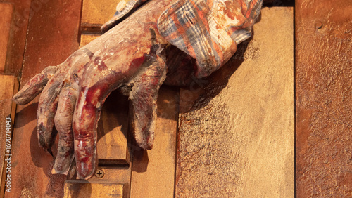 Detail of a decorative zombie hand with blood and realistic-looking fingers.