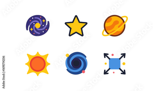 Cosmology icon set featuring galaxy, star, planet, sun, spiral, and expansion symbols for space-themed designs