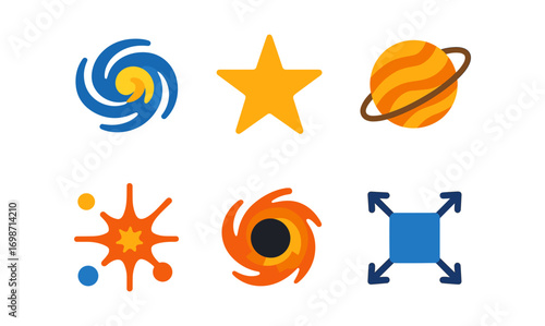 Cosmology icon set featuring stars, planets, and galaxies for design and education