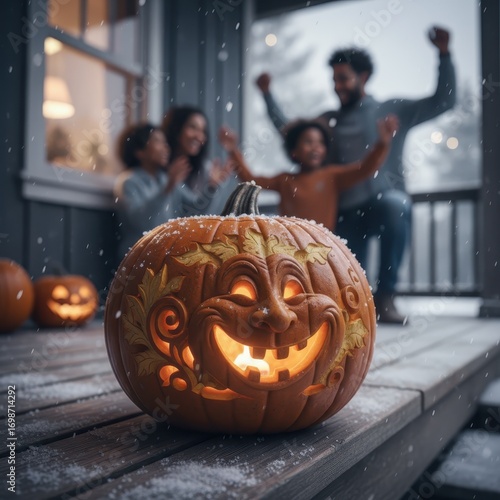 A macro shot of pumpkin carving details on a porch, a blurred family smiling in the background