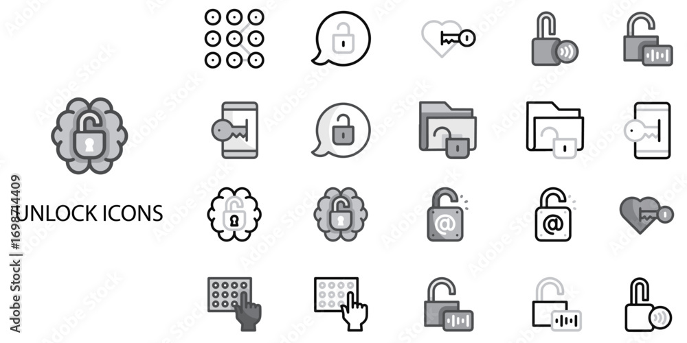 Fototapeta premium Unlock simple concept 24 Grew color icons set .Vector illustration.