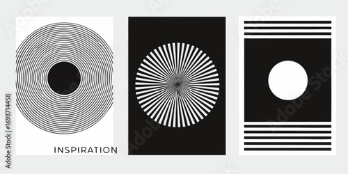 Three abstract geometric art prints with circles and lines in black and white