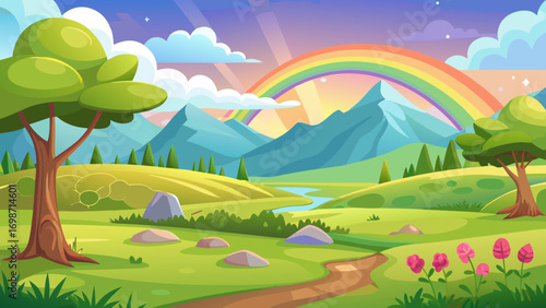Vector landscape cartoon a wide cartoon meadow with soft green grass in the foreground, gentle hills, a small forest, fluffy clouds and a faint rainbow in the background, warm sunlight, clear and colo