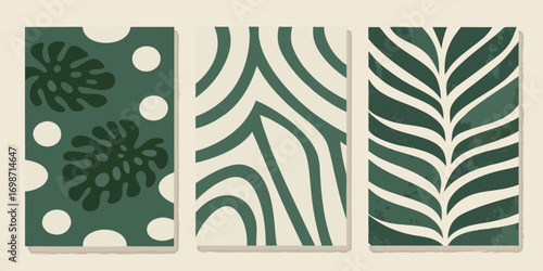 Set of three abstract vertical posters with tropical leaf and organic wavy line patterns in muted green and beige tones