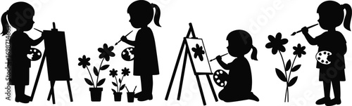 children painting flowers with easels on transparent background silhouette