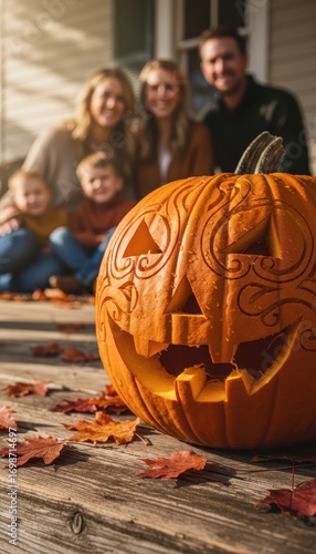 A macro shot of pumpkin carving details on a porch, a blurred family smiling in the background