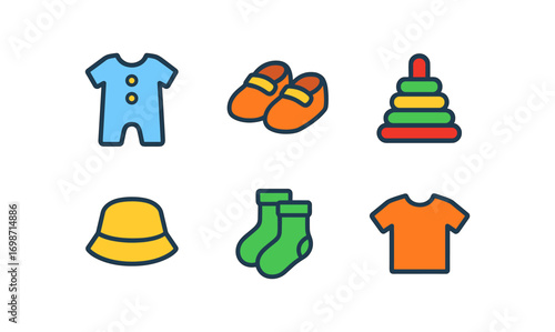Simple children's clothing and accessories vector icons for design projects