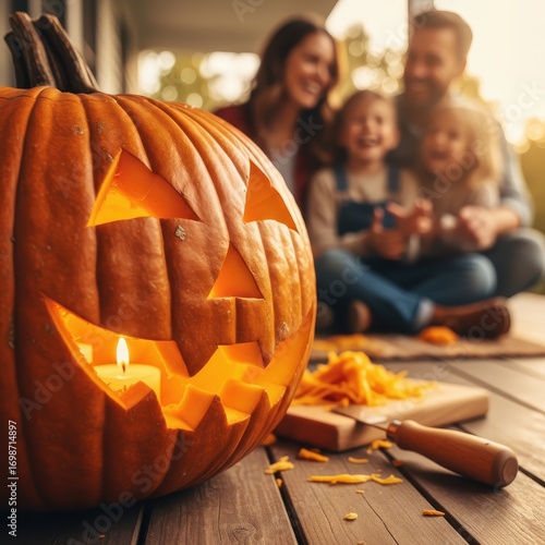 A macro shot of pumpkin carving details on a porch, a blurred family smiling in the background