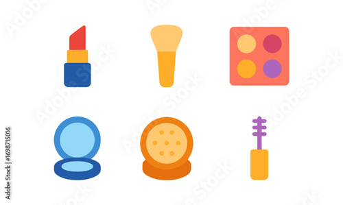 Makeup icon set featuring lipstick, brush, and eyeshadow palette for beauty design and application projects