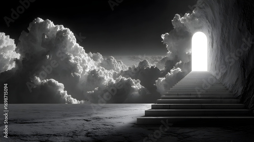 Fototapeta Naklejka Na Ścianę i Meble -  Monochrome vision depicting a surreal stairway ascending dramatically toward clouds and bright light