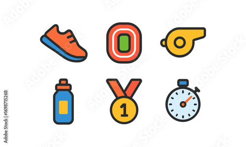 Running icon set featuring shoes medal stopwatch whistle track and water bottle for sports design