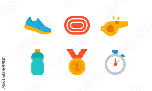 Running icon set for fitness and training design: shoes, track, whistle, water bottle, medal, stopwatch