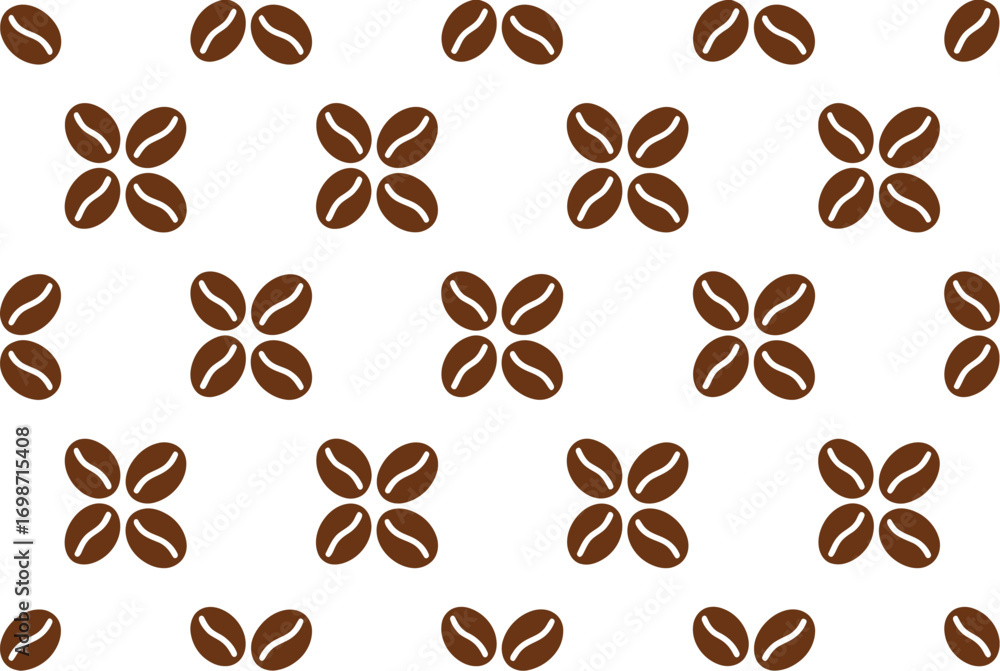 Fototapeta premium Repeating pattern of stylized brown coffee beans on a clean white background.