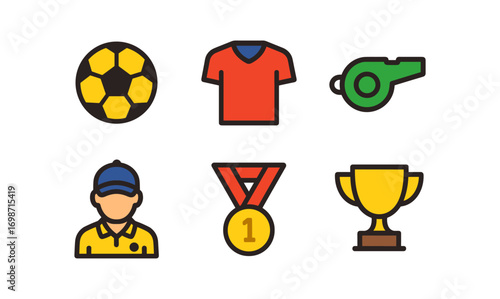 Team sports icons featuring soccer ball, jersey, whistle, coach, medal, and trophy for sports design projects