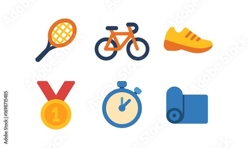 Colorful grid of sport icons featuring tennis, cycling, medal, stopwatch, running shoe, and yoga mat