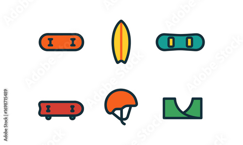 Minimalist board sports icons set featuring skateboard, surfboard, and safety gear for design projects