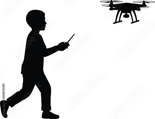 man controlling drone with remote silhouette on transparent background