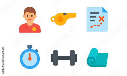 Fitness coaching icons set for personal training and exercise plans