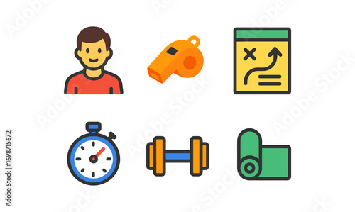 Personal training essentials icons set for fitness and workout design projects
