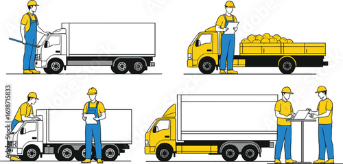 Vector illustration of delivery trucks with workers loading cargo, checking documents, managing logistics, transportation service, shipping, and freight management concepts.