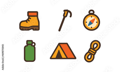 Essential hiking gear icons for outdoor adventure and camping design