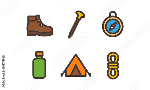 Essential hiking gear icons for outdoor adventure design and planning