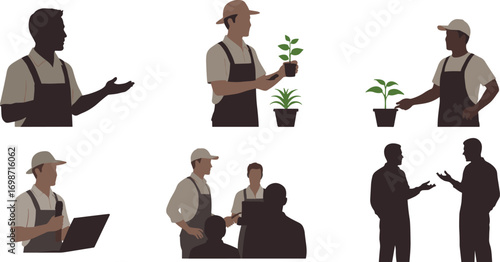 Vector illustration of farmers and workers giving presentations, teaching agriculture, showing plants, teamwork communication, training, and environmental education concepts.