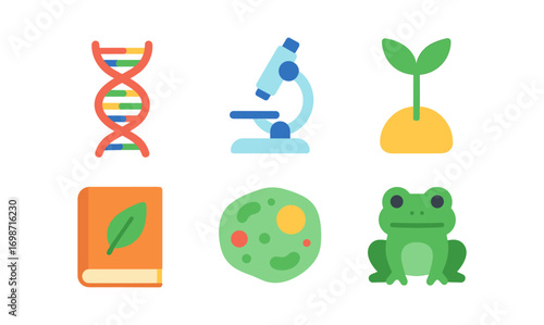 Biology education icons featuring dna, microscope, plant, book, cell, and frog for informative design