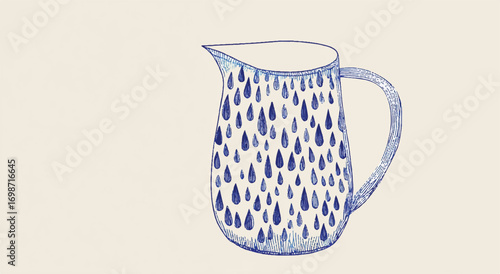 Artistic depiction of a water pitcher with rain drop design against a cream colored backdrop showcasing creative design