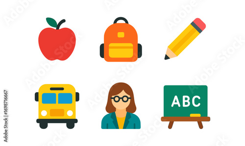 Back to school essentials set - apple, backpack, pencil, school bus, teacher, chalkboard for education design