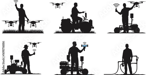 Vector illustration of smart farming technology with drones, robots, and farmers using wireless devices for precision agriculture and automation solutions