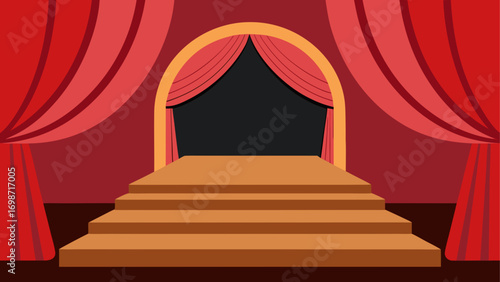 Illustration of a stage with red curtains