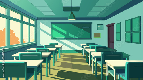 Classroom interior with desks and board