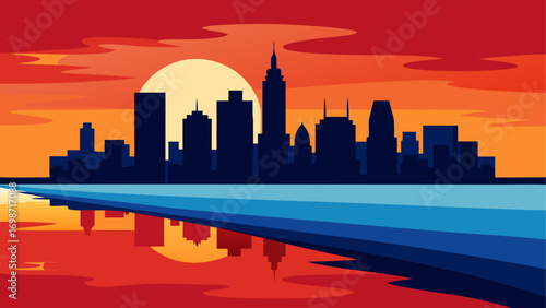 City skyline silhouette at sunset scene