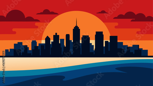 Cityscape silhouette at sunset horizon