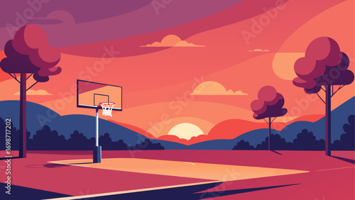 Basketball court at sunset with trees view