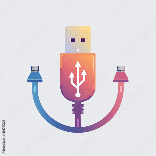 Visual representation of a USB cable with multiple connections and stylized design