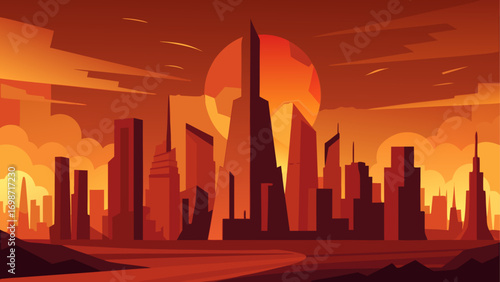 Cityscape silhouette with sunset backdrop