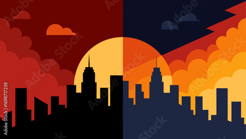 Cityscape silhouette with sunset backdrop